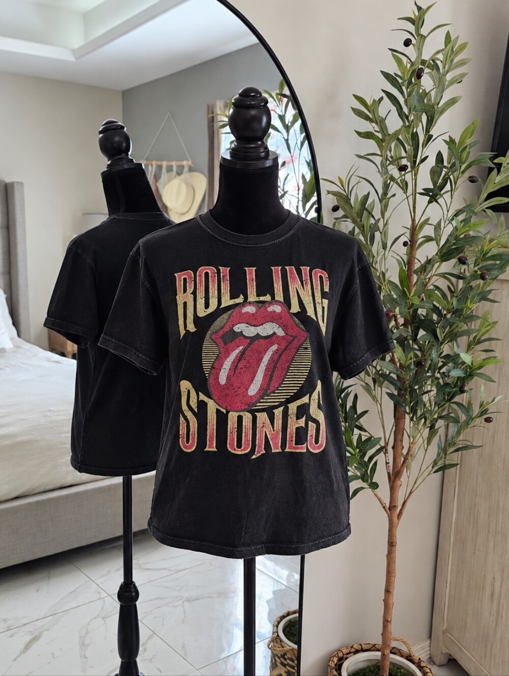 the Rolling Stones Black Tee with Red & Cream Tongue Graphic